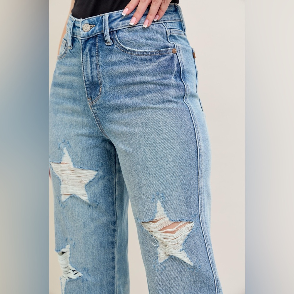 Judy Blue High Waist Rigid Magic Star Shaped Destroy 90's Straight Jeans - Picture 7 of 9